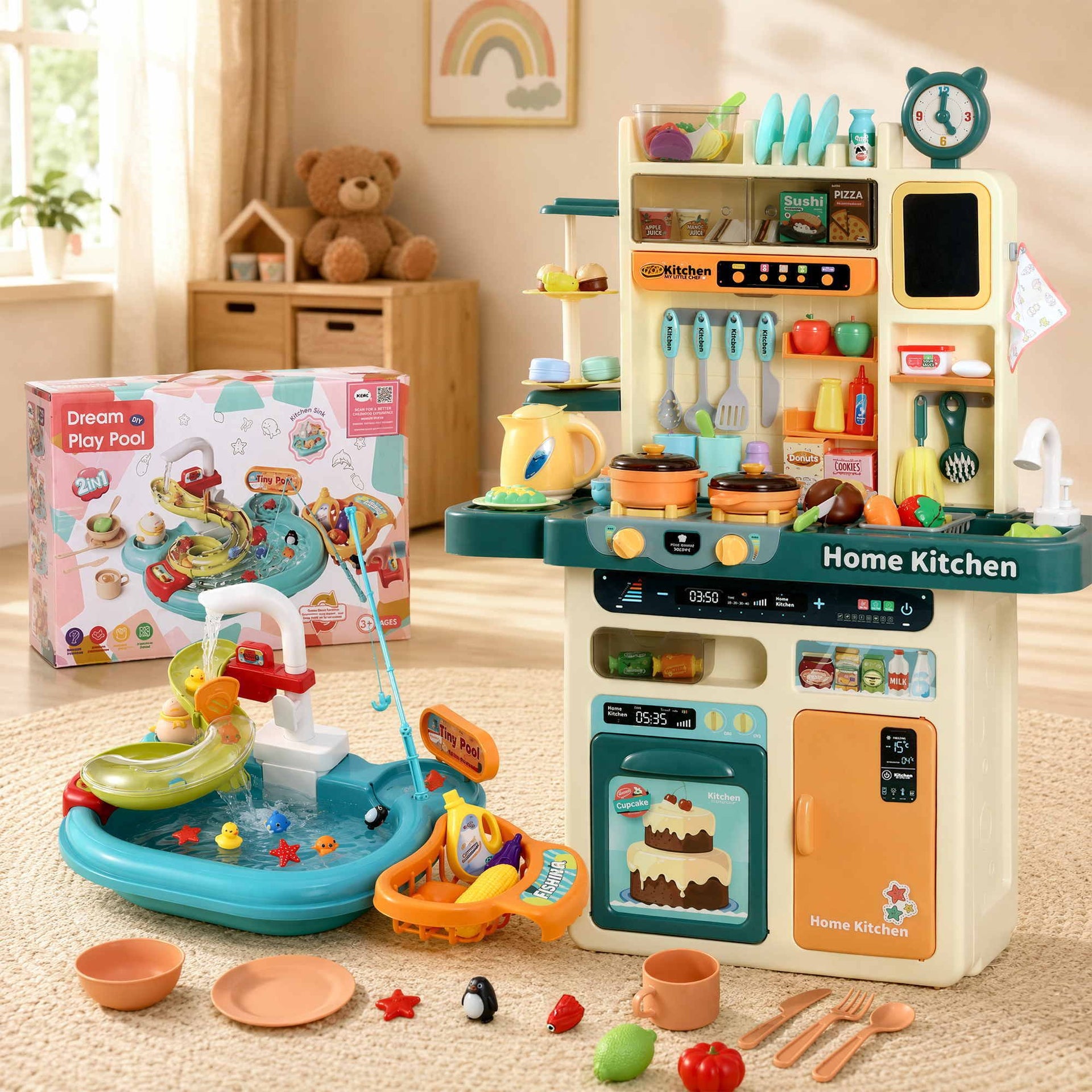 Keezi 2 Piece Kids Pretend Kitchen Playset Water Toys Fishing Game Food Play Awezingly