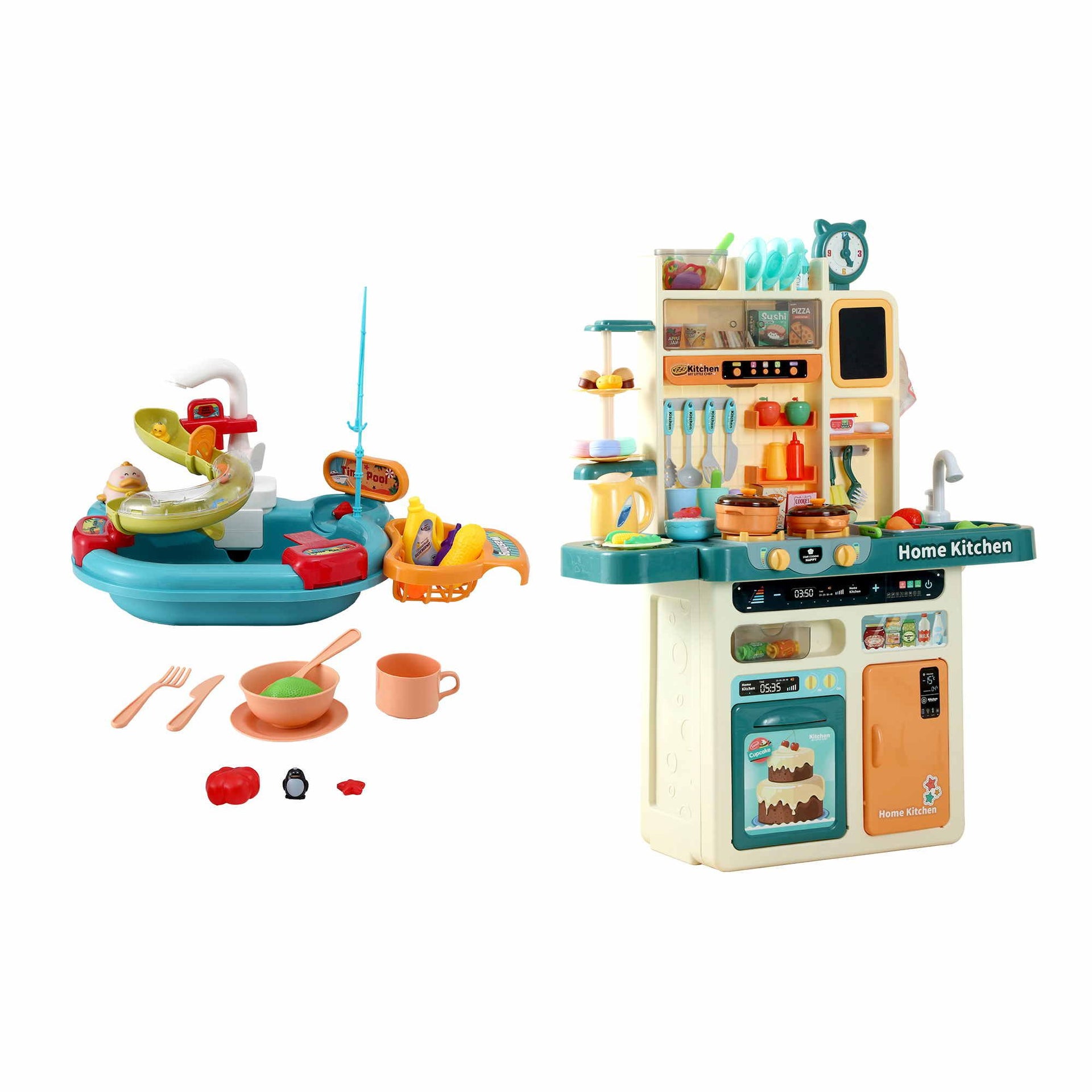 Keezi 2 Piece Kids Pretend Kitchen Playset Water Toys Fishing Game Food Play Awezingly