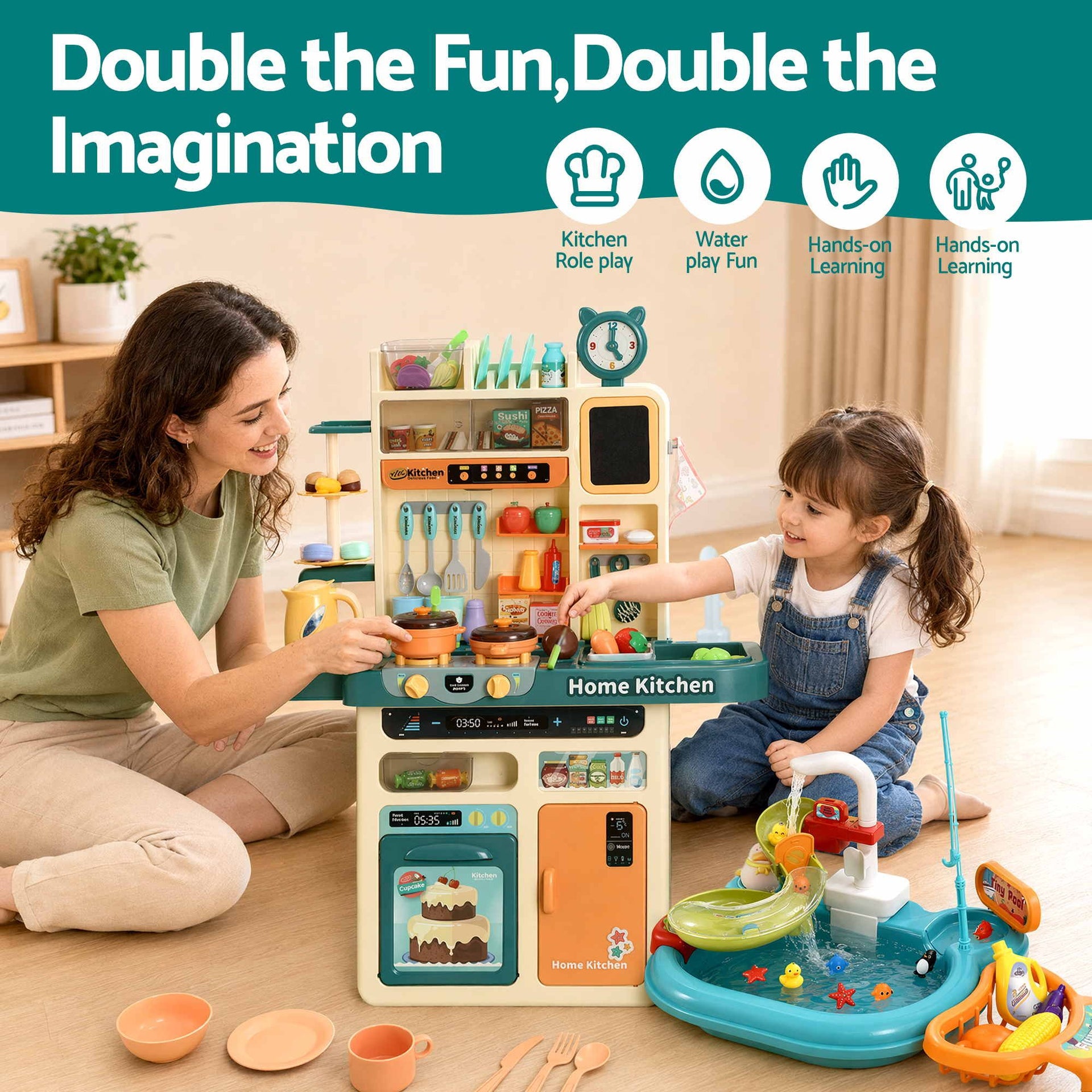 Keezi 2 Piece Kids Pretend Kitchen Playset Water Toys Fishing Game Food Play Awezingly