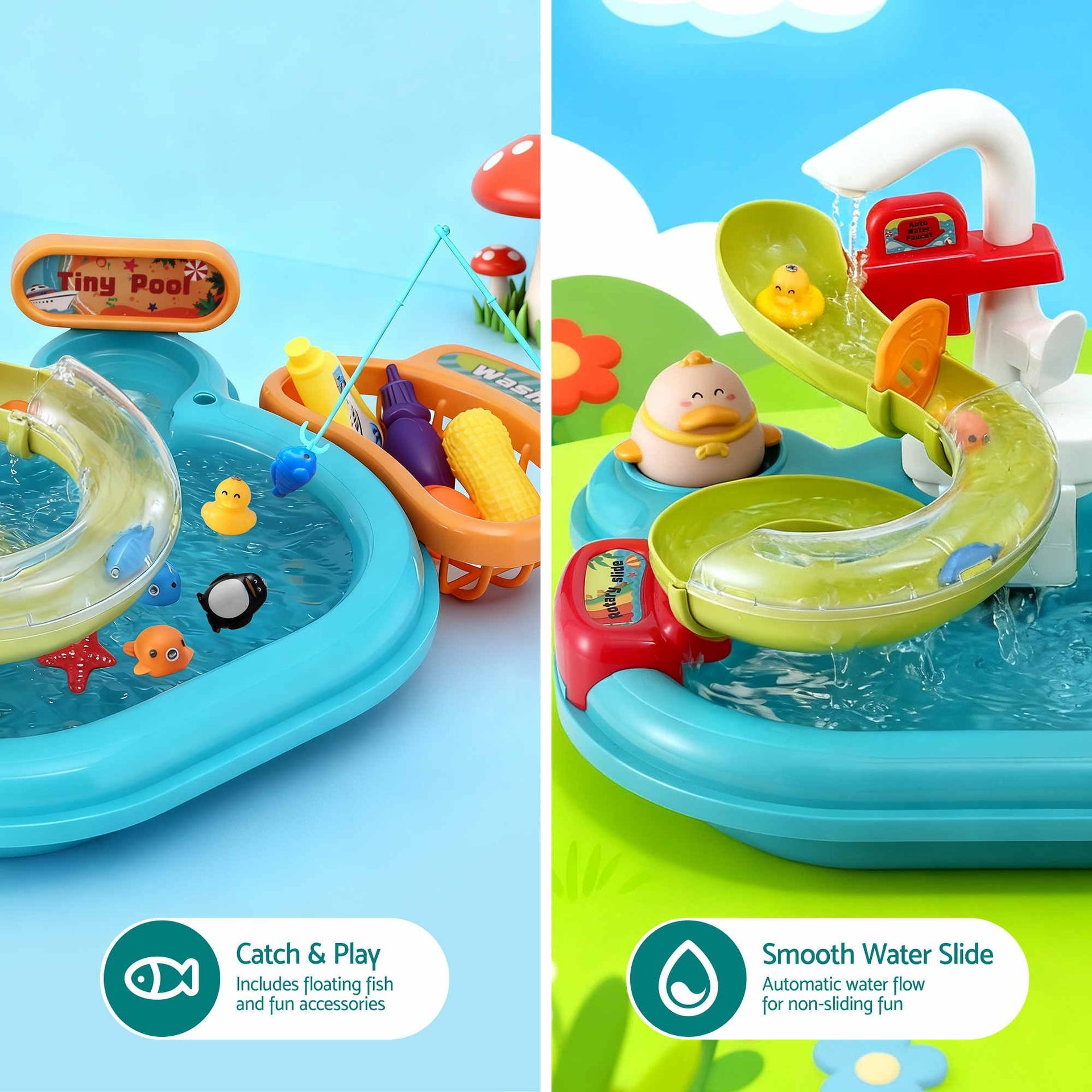 Keezi 2 Piece Kids Pretend Kitchen Playset Water Toys Fishing Game Food Play Awezingly