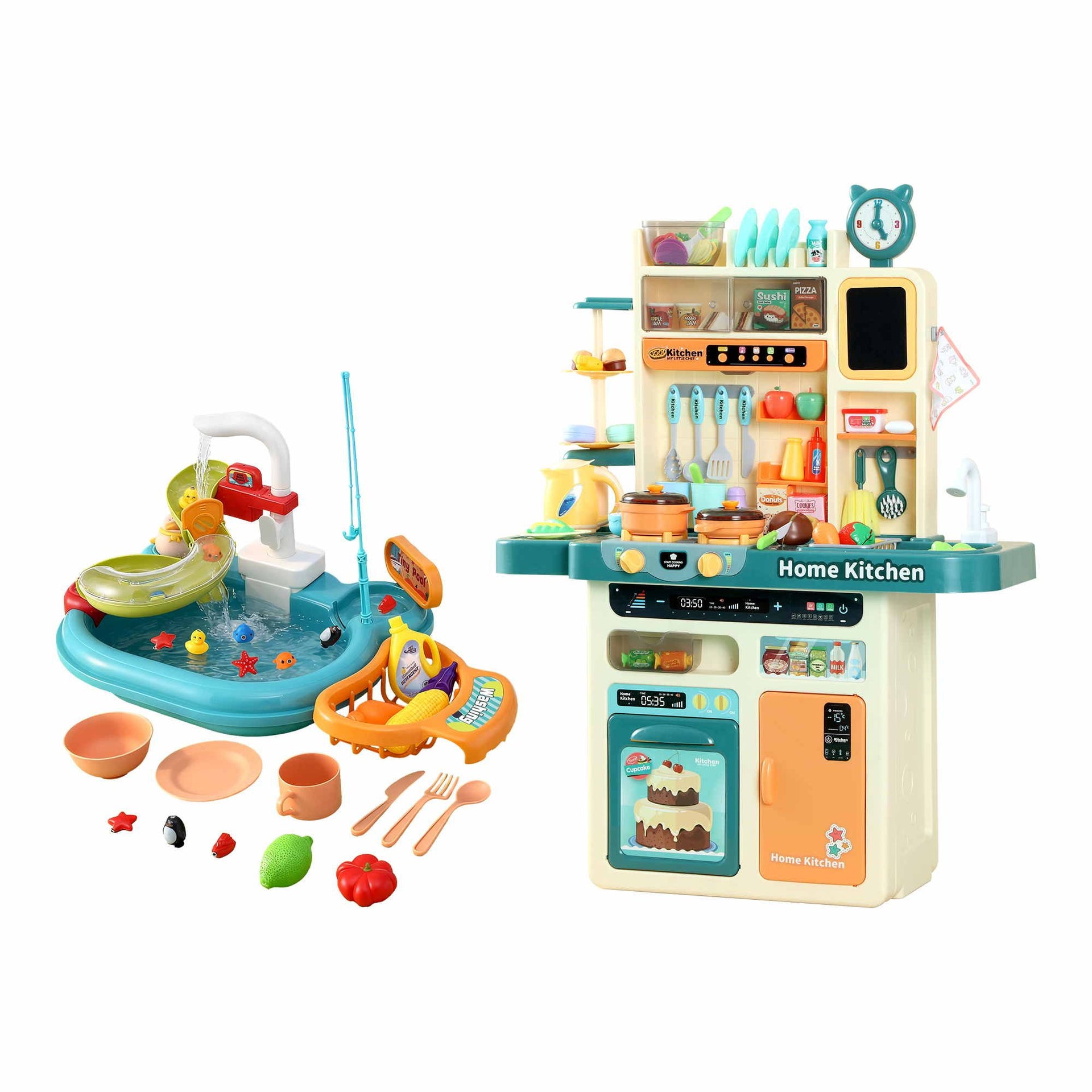 Keezi 2 Piece Kids Pretend Kitchen Playset Water Toys Fishing Game Food Play Awezingly