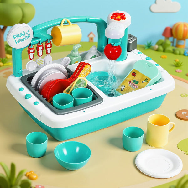 Keezi Kids Kitchen Play Set Play Pretend Sink Dishwasher Toys Green Awezingly