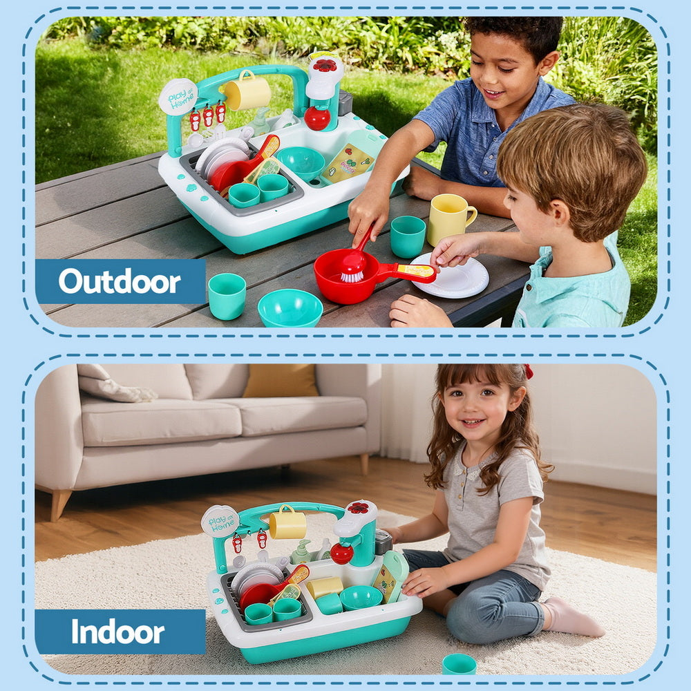 Keezi Kids Kitchen Play Set Play Pretend Sink Dishwasher Toys Green Awezingly