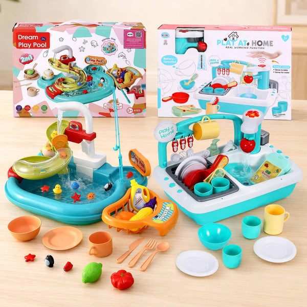Keezi Kids Pretend Kitchen Sink and Water Playset Fishing Game Toys Play food Awezingly