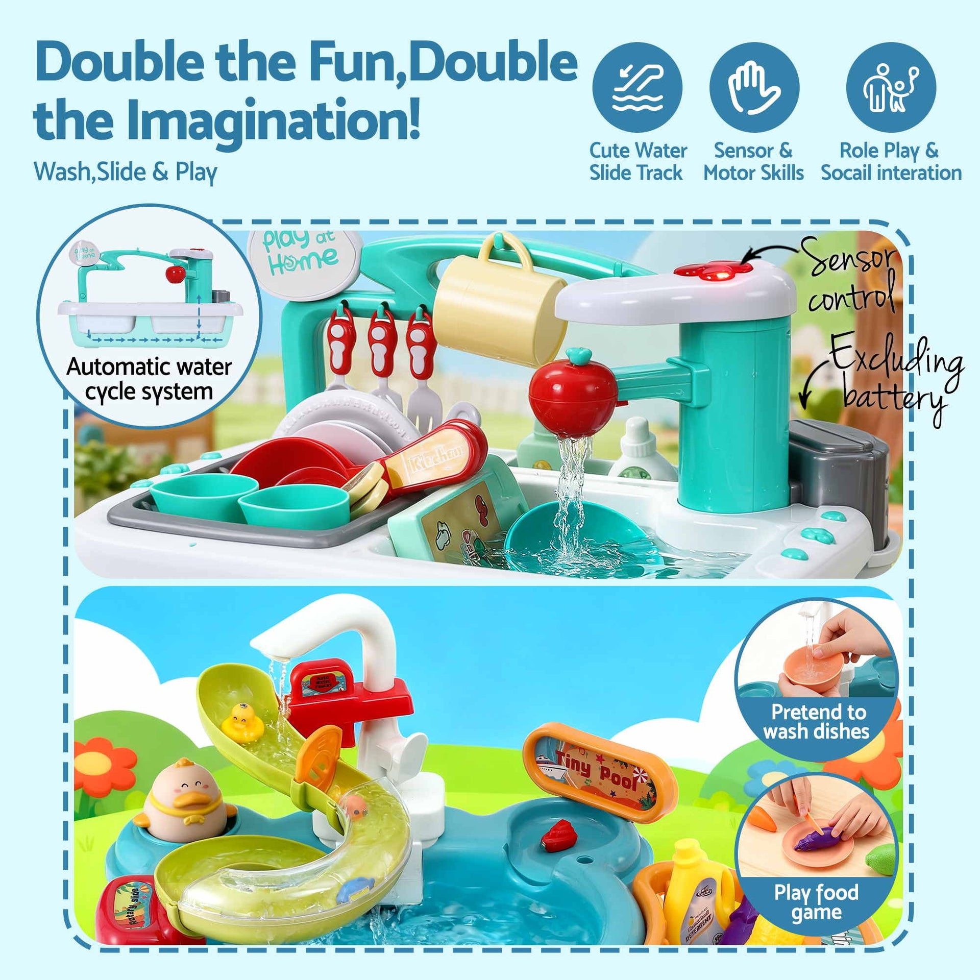 Keezi Kids Pretend Kitchen Sink and Water Playset Fishing Game Toys Play food Awezingly