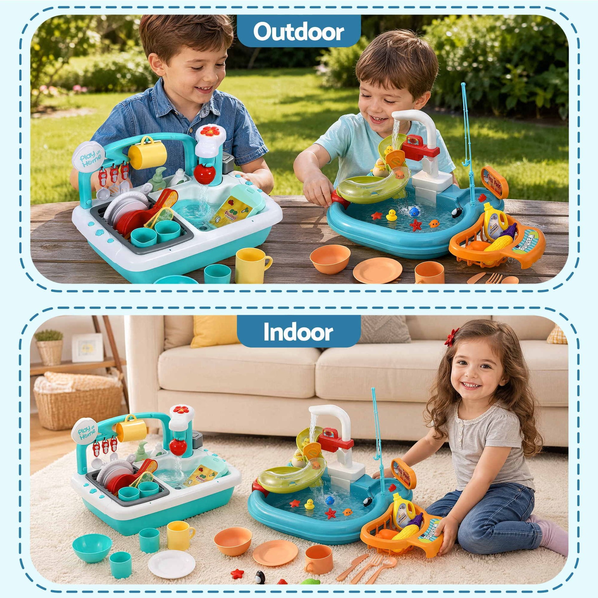 Keezi Kids Pretend Kitchen Sink and Water Playset Fishing Game Toys Play food Awezingly