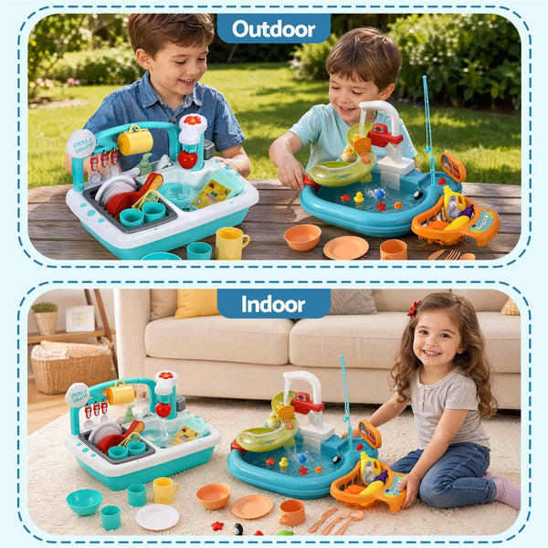 Keezi Kids Pretend Kitchen Sink and Water Playset Fishing Game Toys Play food Awezingly