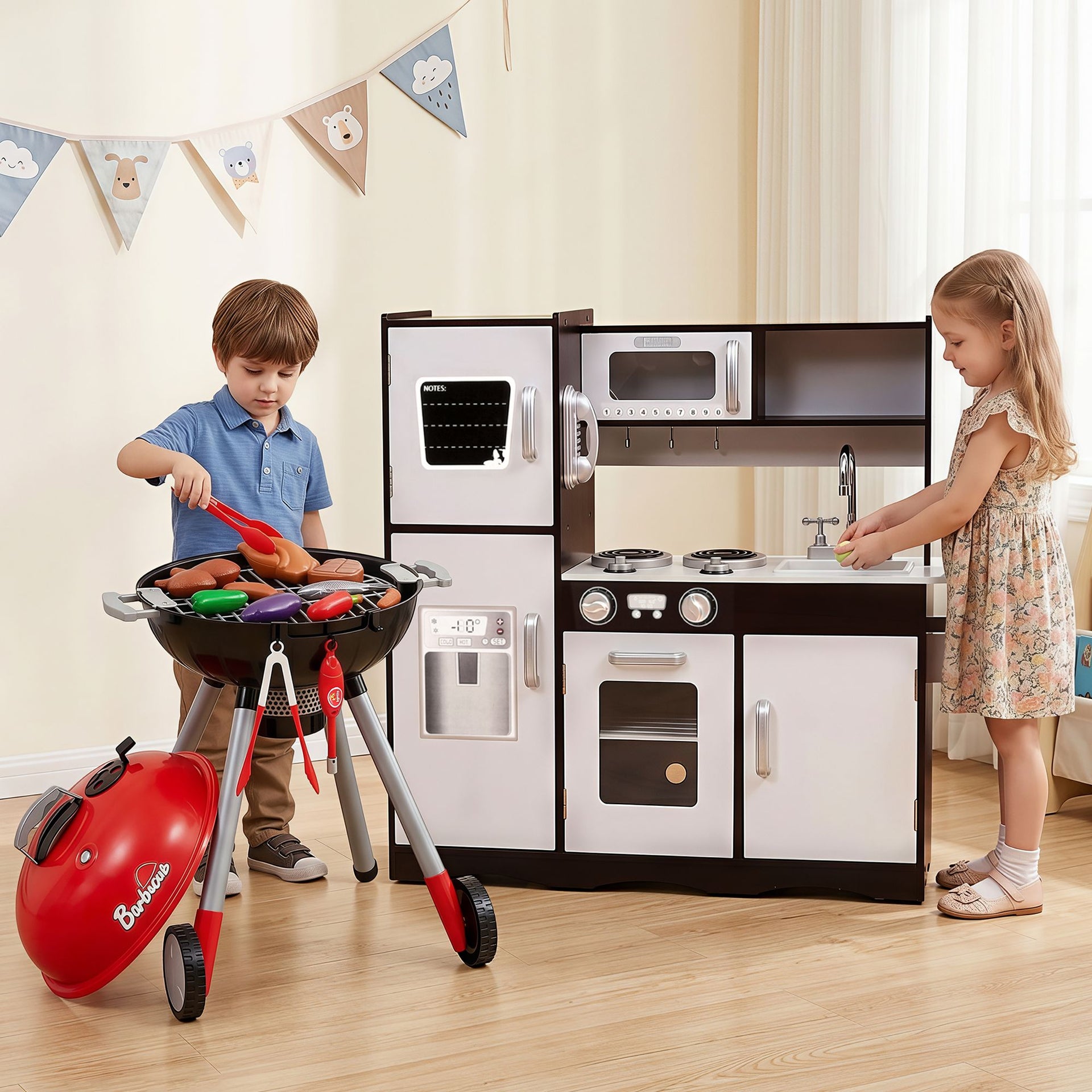 Keezi Kids Kitchen Playset BBQ Grill Toy with Wooden Pretend Play Set 80cm Awezingly