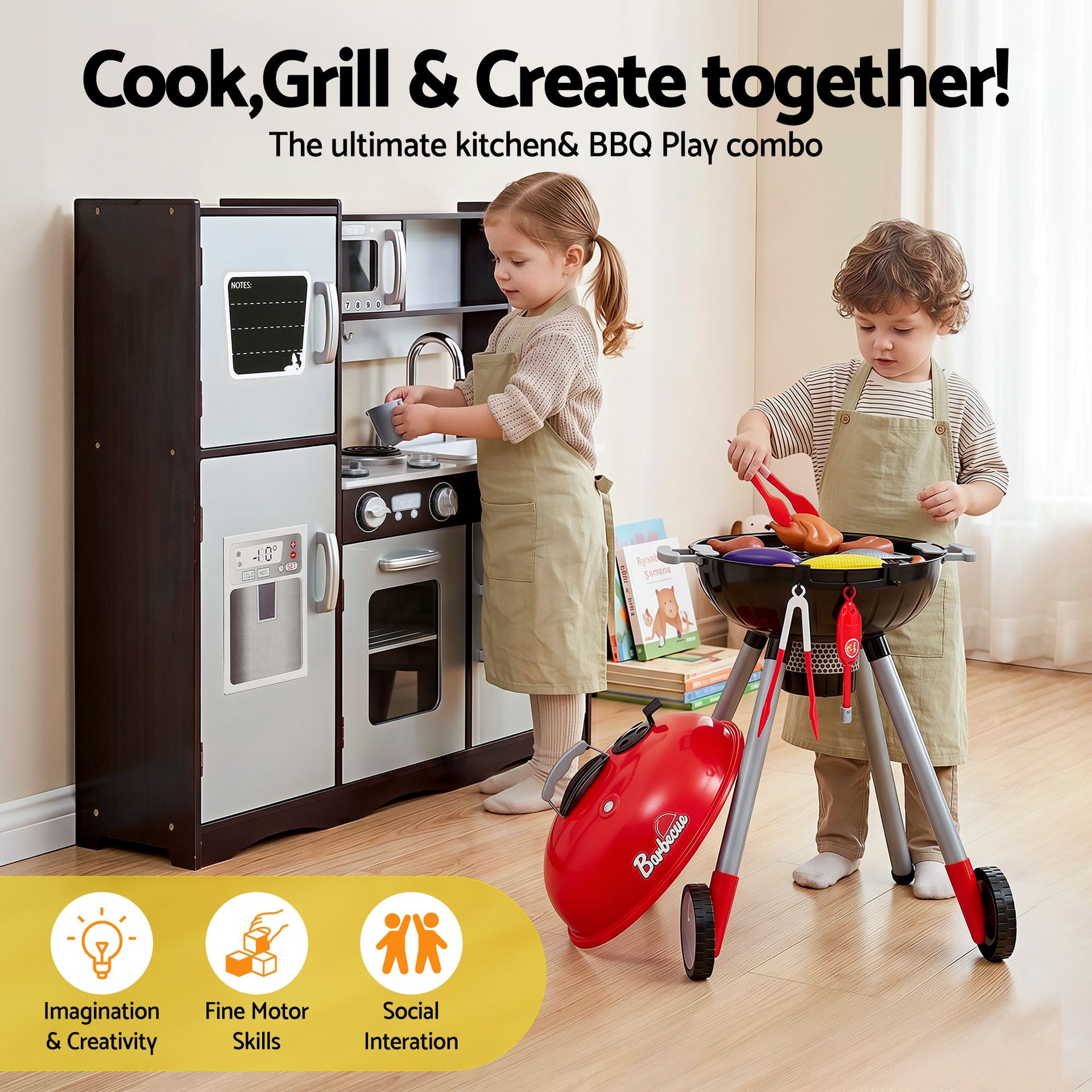 Keezi Kids Kitchen Playset BBQ Grill Toy with Wooden Pretend Play Set 80cm Awezingly