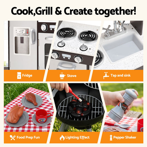 Keezi Kids Kitchen Playset BBQ Grill Toy with Wooden Pretend Play Set 80cm Awezingly