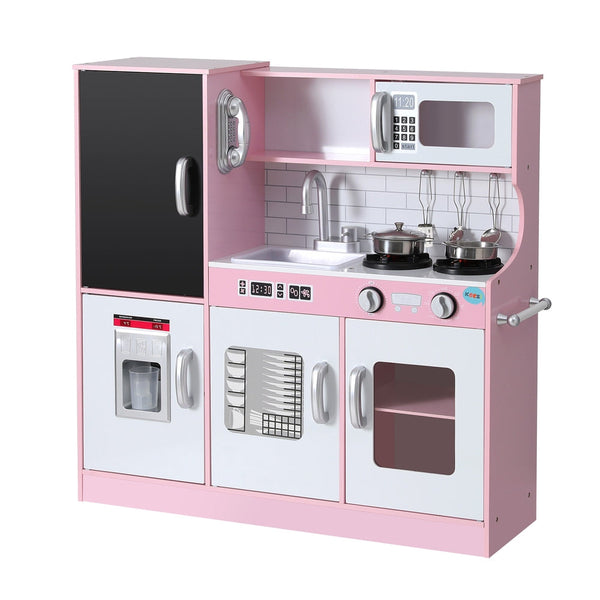 Keezi Kids Wooden Pretend Kitchen Play Set Cooking Toys Pot Ice Cup Oven Blackboard 80CM Pink Keezi