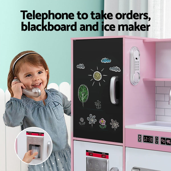 Keezi Kids Wooden Pretend Kitchen Play Set Cooking Toys Pot Ice Cup Oven Blackboard 80CM Pink Keezi