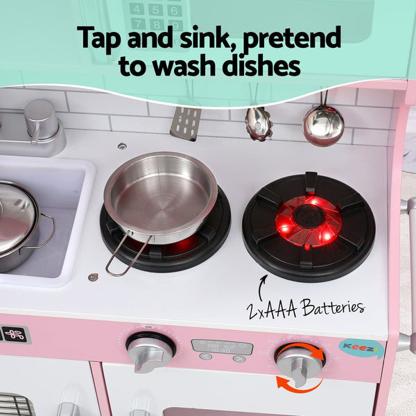 Keezi Kids Wooden Pretend Kitchen Play Set Cooking Toys Pot Ice Cup Oven Blackboard 80CM Pink Keezi