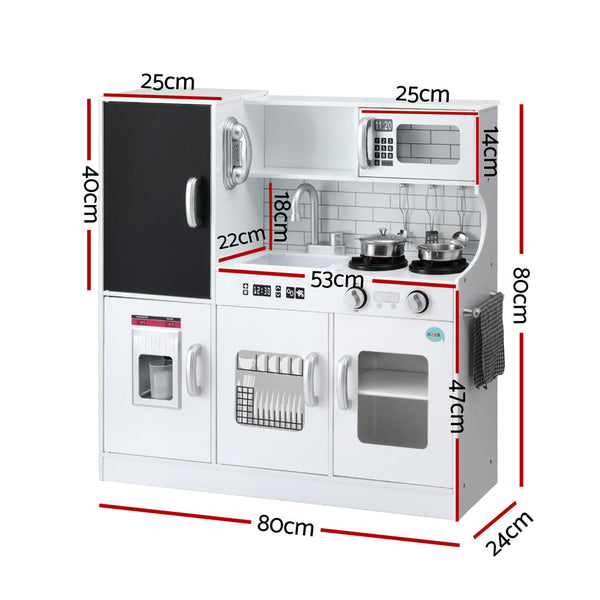 Keezi Kids Wooden Pretend Kitchen Play Set Cooking Toys Pot Ice Cup Oven Blackboard 80CM White Awezingly