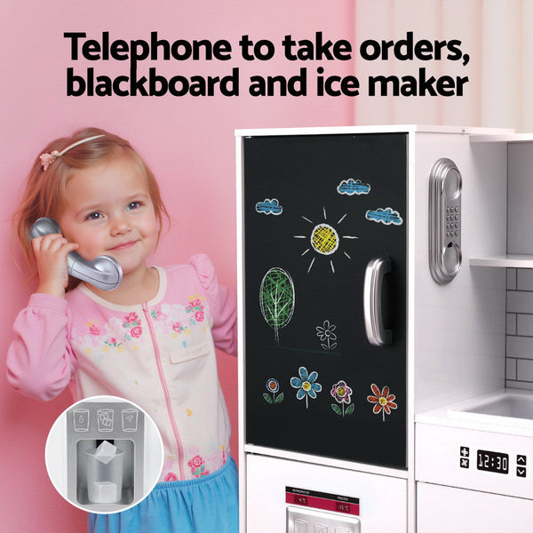 Keezi Kids Wooden Pretend Kitchen Play Set Cooking Toys Pot Ice Cup Oven Blackboard 80CM White Awezingly