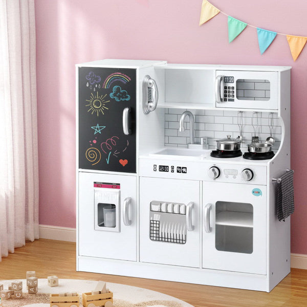 Keezi Kids Wooden Pretend Kitchen Play Set Cooking Toys Pot Ice Cup Oven Blackboard 80CM White Awezingly