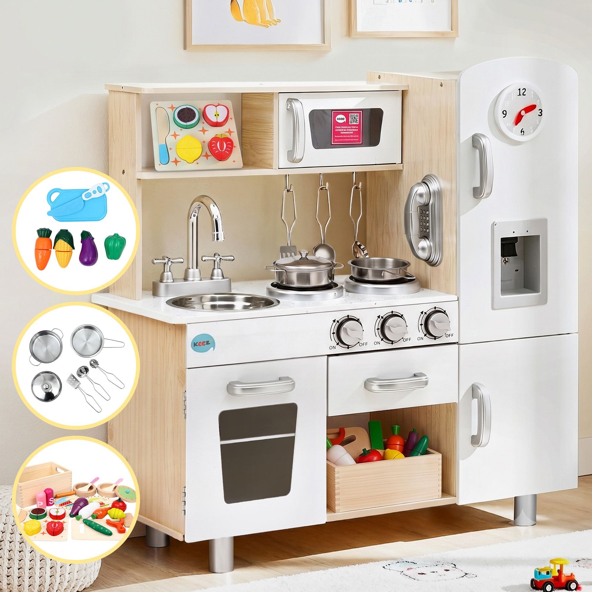 Keezi Kids Wooden Pretend Kitchen Playset with 29pc Cutting Food Set Awezingly