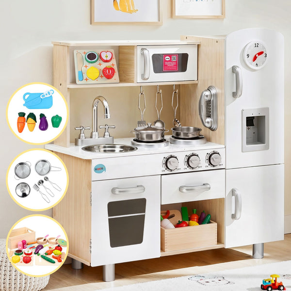 Keezi Kids Wooden Pretend Kitchen Playset with 29pc Cutting Food Set Awezingly