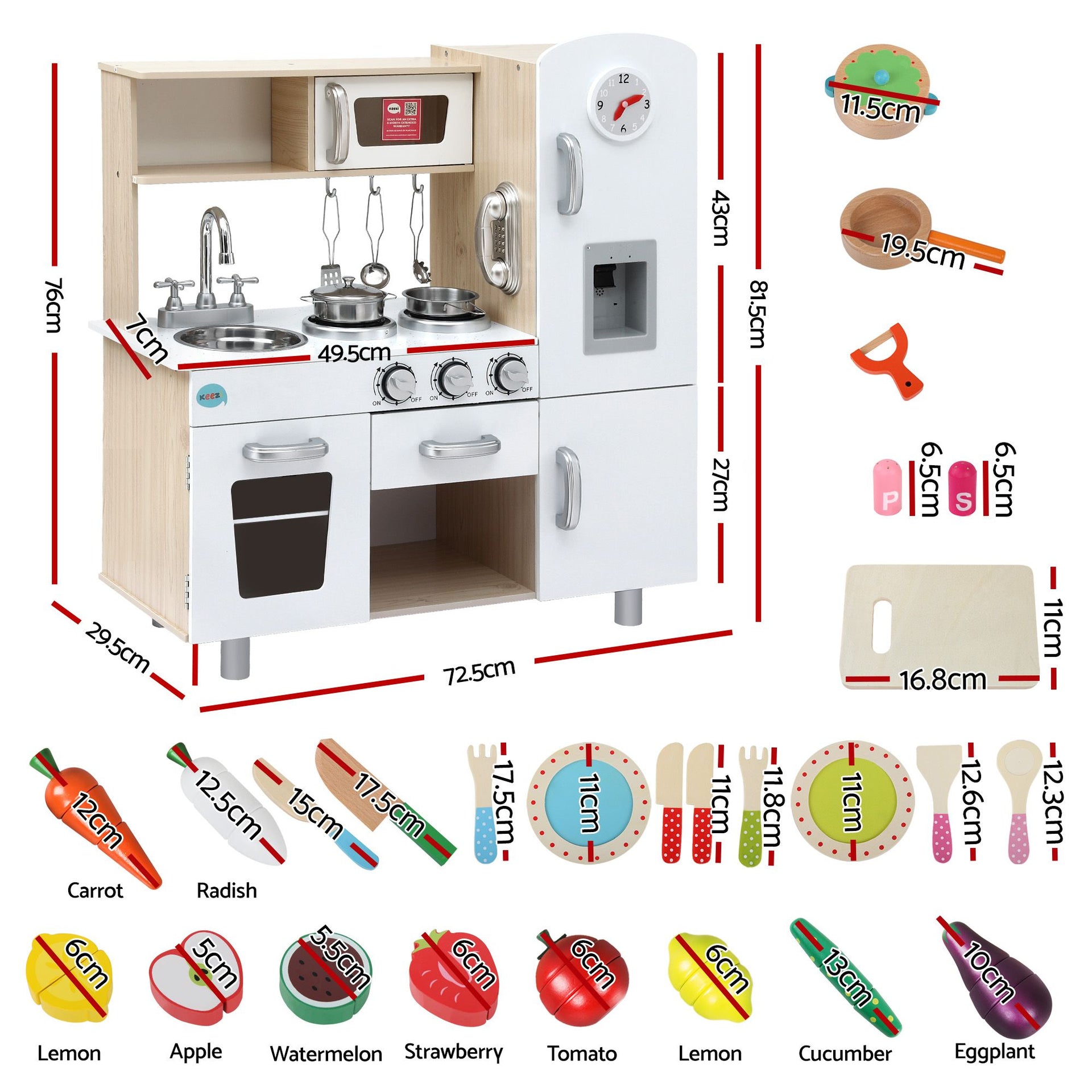 Keezi Kids Wooden Pretend Kitchen Playset with 29pc Cutting Food Set Awezingly