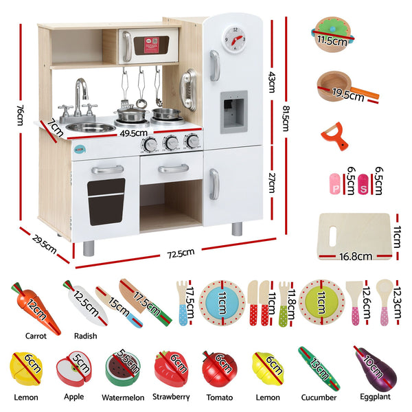 Keezi Kids Wooden Pretend Kitchen Playset with 29pc Cutting Food Set Awezingly