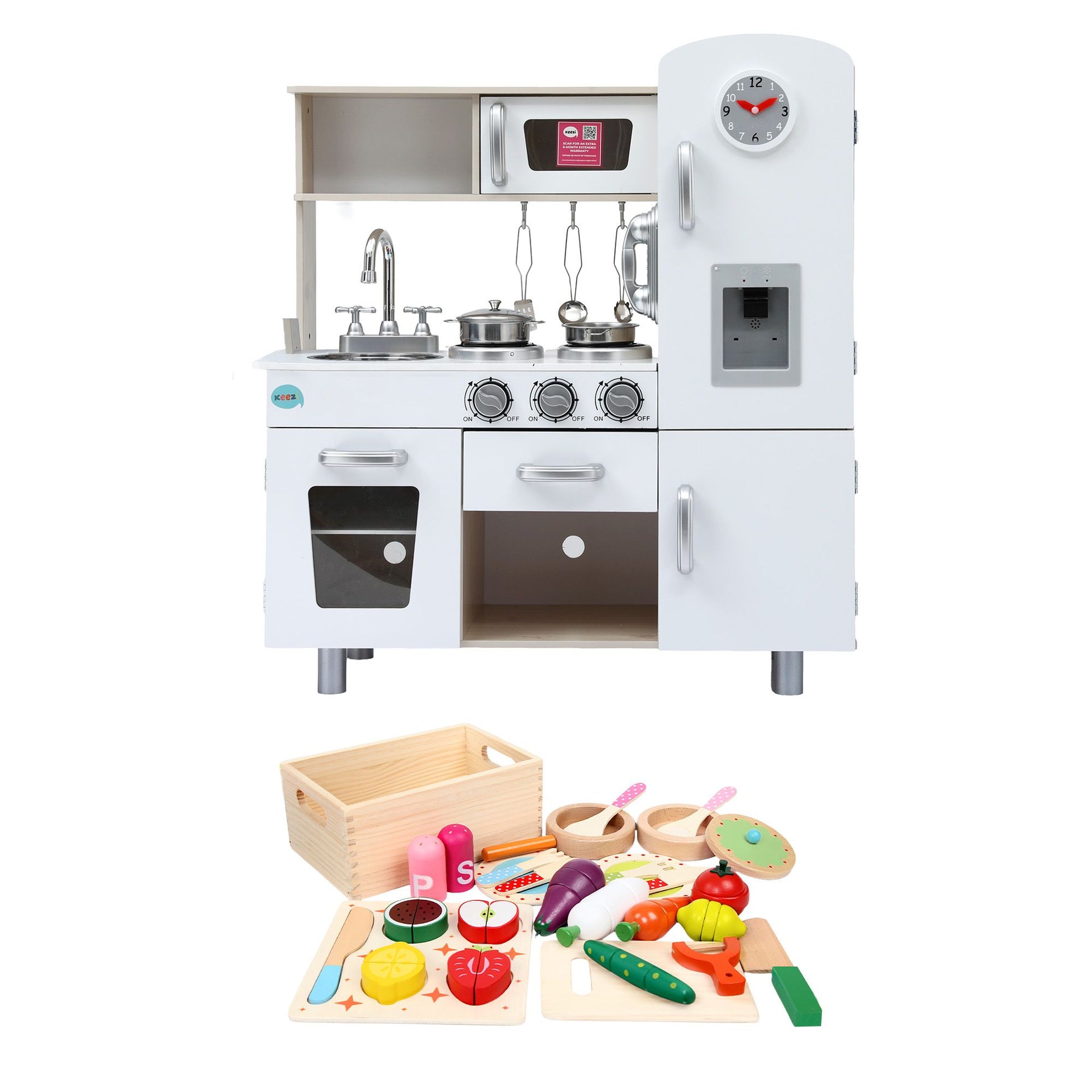 Keezi Kids Wooden Pretend Kitchen Playset with 29pc Cutting Food Set Awezingly