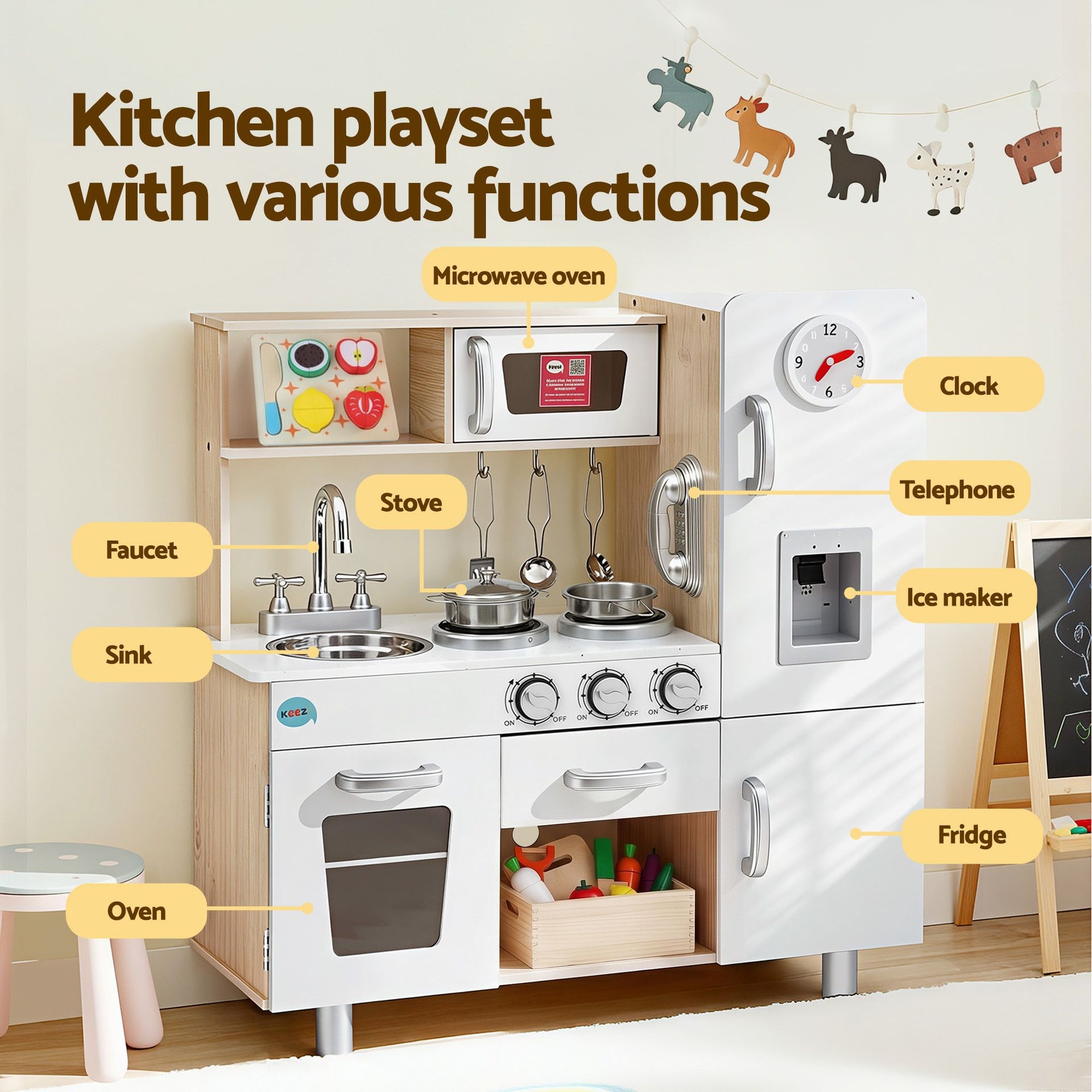 Keezi Kids Wooden Pretend Kitchen Playset with 29pc Cutting Food Set Awezingly