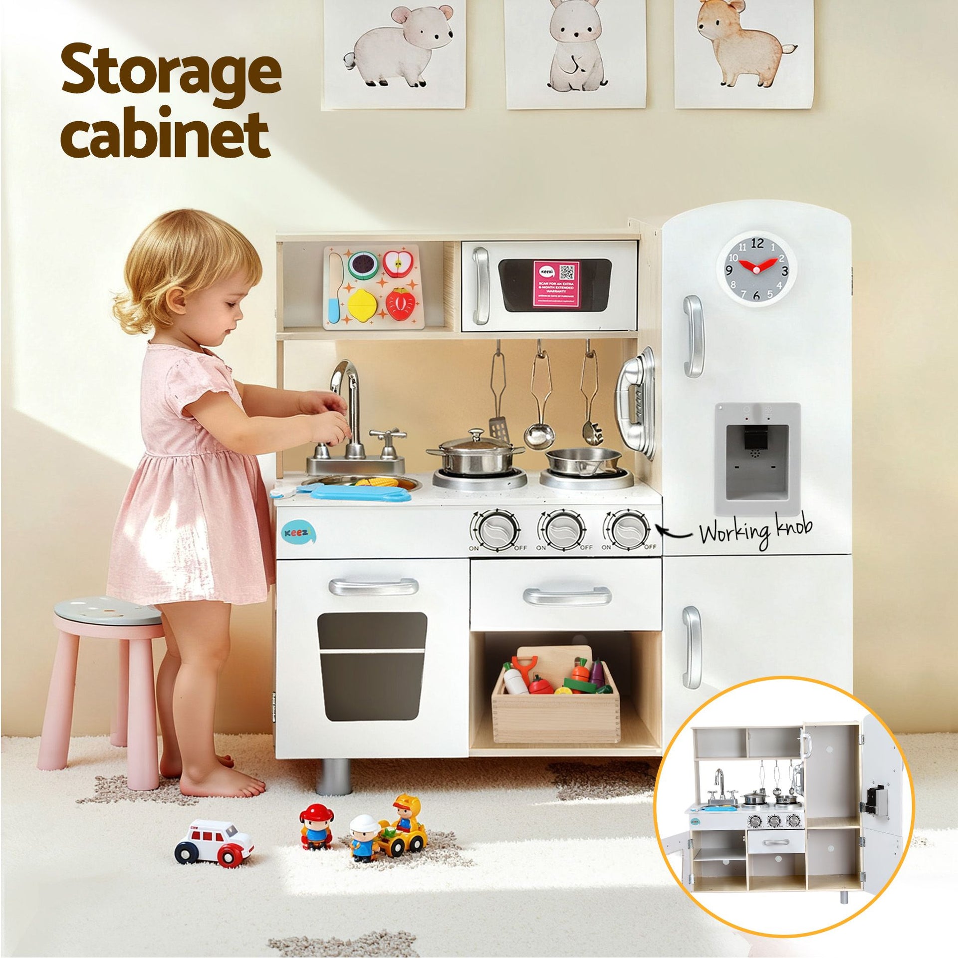 Keezi Kids Wooden Pretend Kitchen Playset with 29pc Cutting Food Set Awezingly