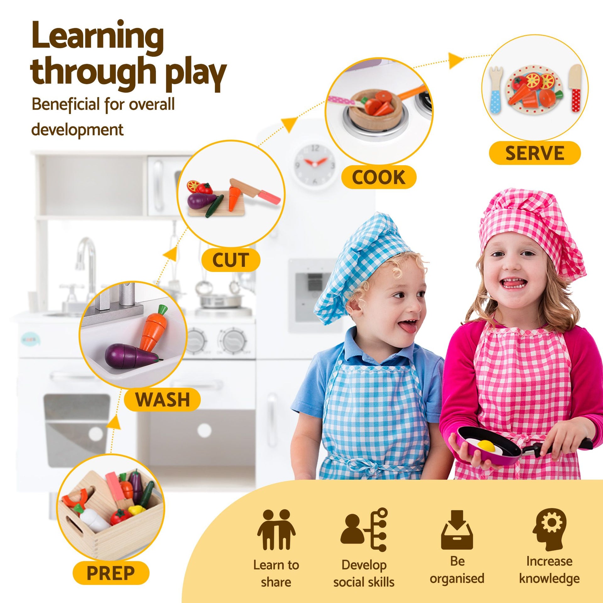 Keezi Kids Wooden Pretend Kitchen Playset with 29pc Cutting Food Set Awezingly