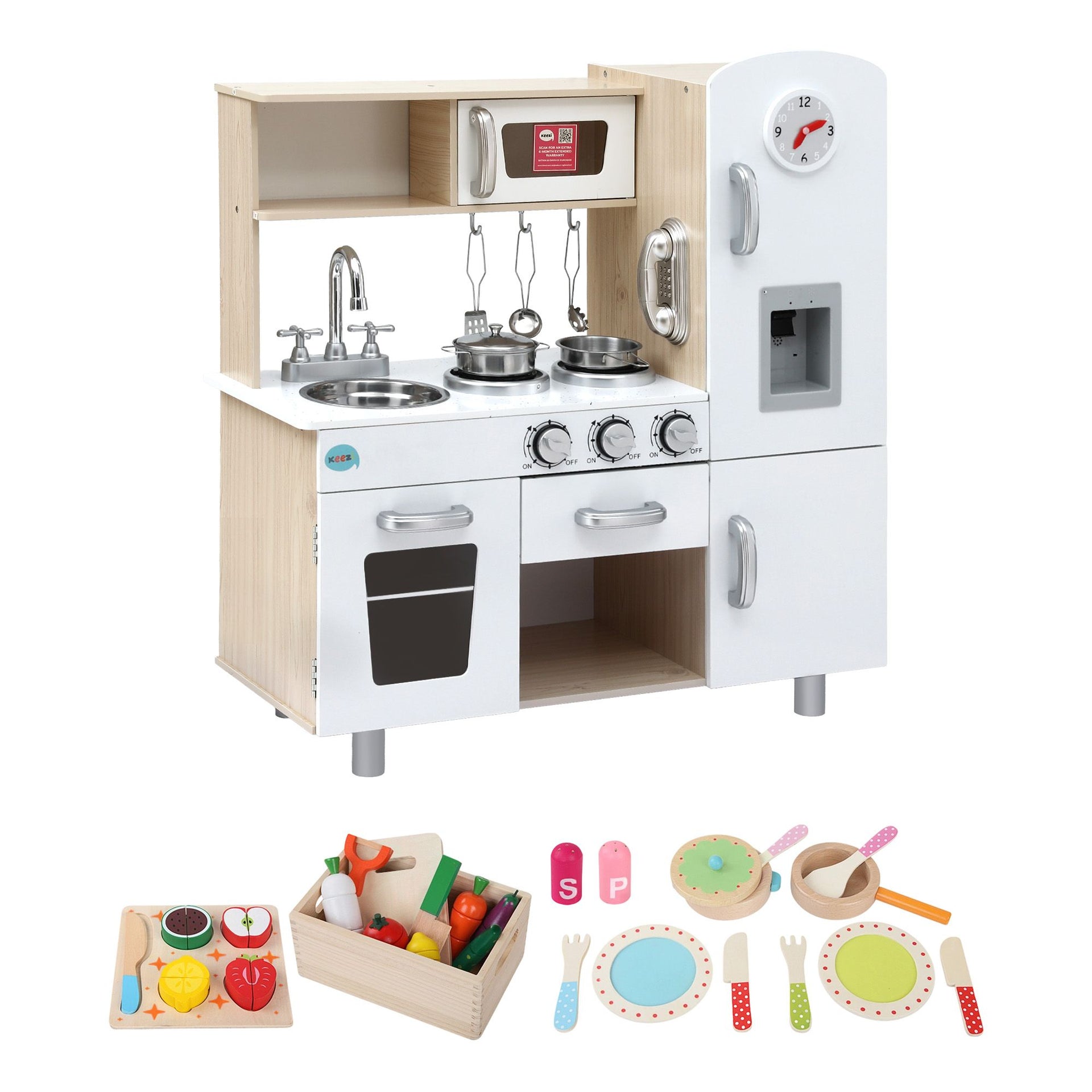 Keezi Kids Wooden Pretend Kitchen Playset with 29pc Cutting Food Set Awezingly