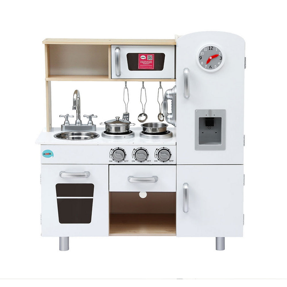 Keezi Kids Kitchen Play Set Wooden Pretend Toys Cooking Children Clock Beige Awezingly