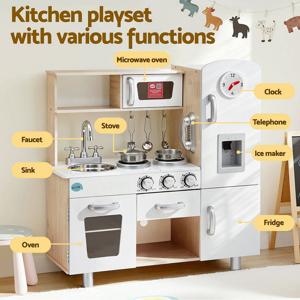 Keezi Kids Kitchen Play Set Wooden Pretend Toys Cooking Children Clock Beige Awezingly