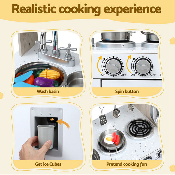 Keezi Kids Kitchen Play Set Wooden Pretend Toys Cooking Children Clock Beige Awezingly