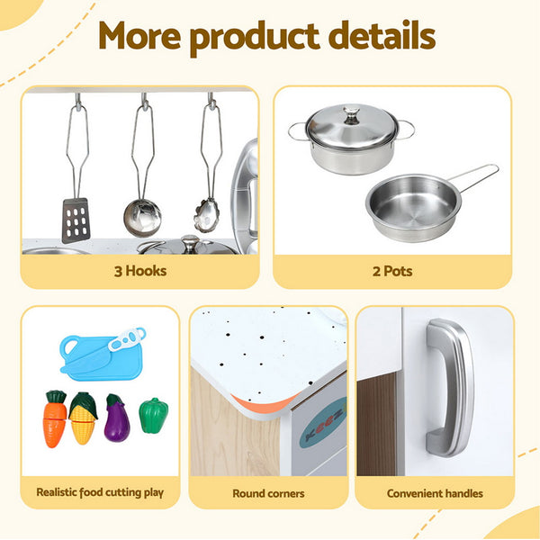 Keezi Kids Kitchen Play Set Wooden Pretend Toys Cooking Children Clock Beige Awezingly