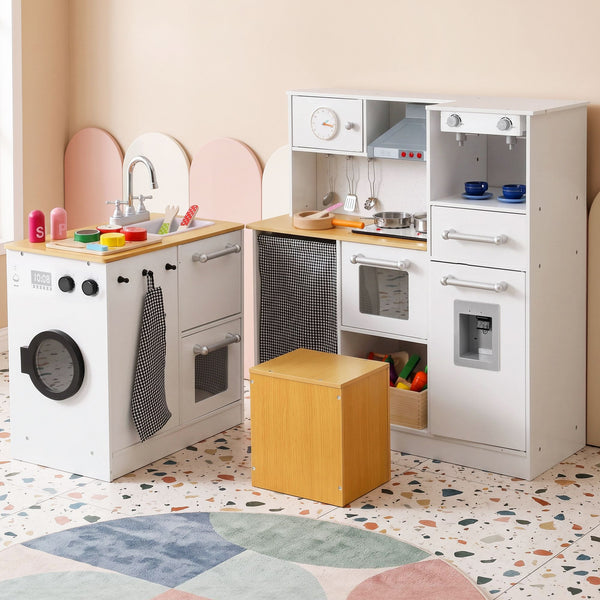Keezi Kids Wooden Kitchen Playset 2-piece Pretend Toy Kitchen 29pc Food Set Awezingly