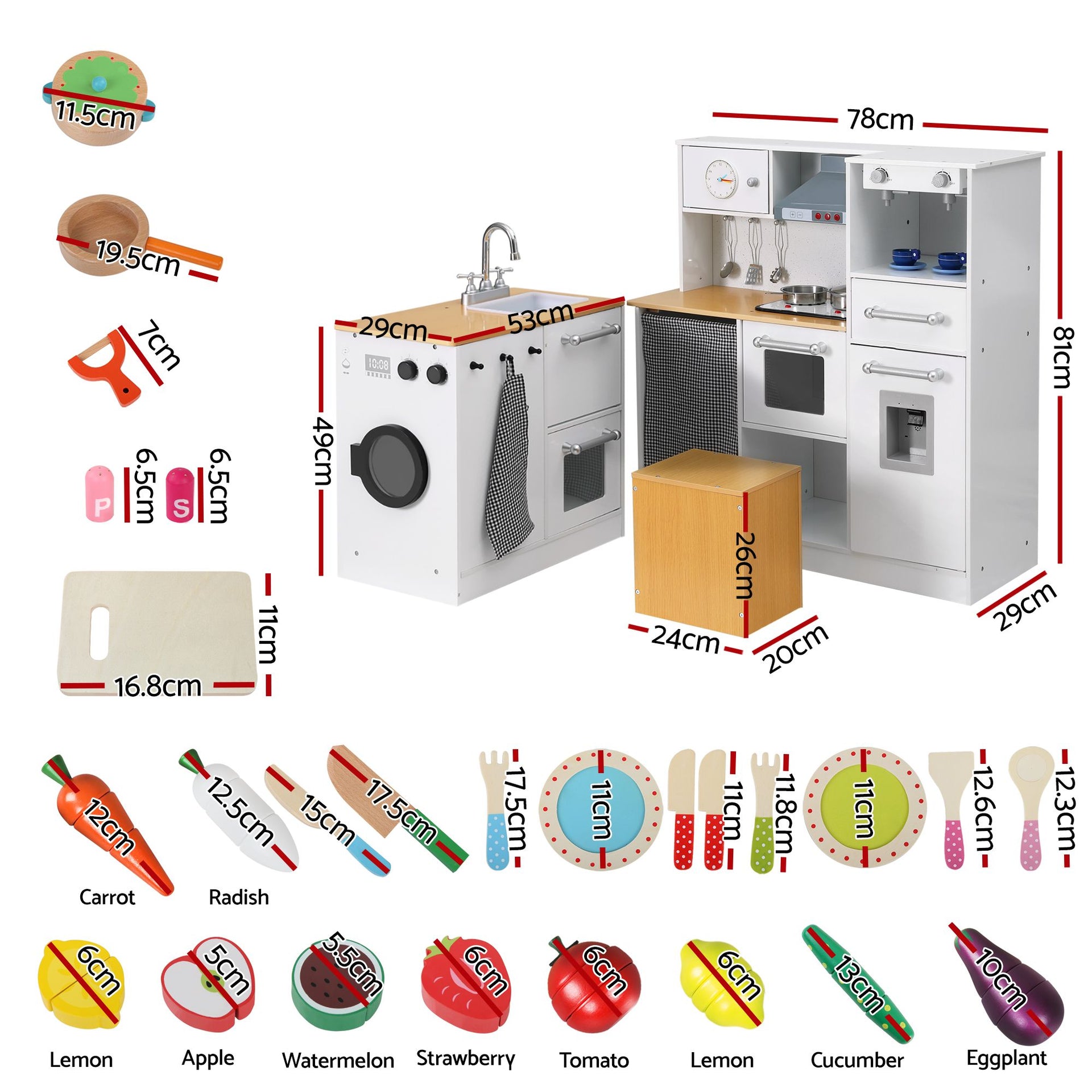 Keezi Kids Wooden Kitchen Playset 2-piece Pretend Toy Kitchen 29pc Food Set Awezingly