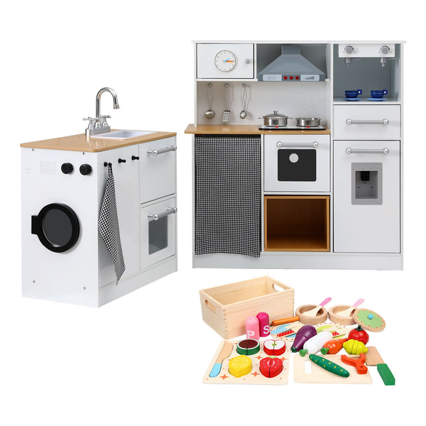 Keezi Kids Wooden Kitchen Playset 2-piece Pretend Toy Kitchen 29pc Food Set Awezingly