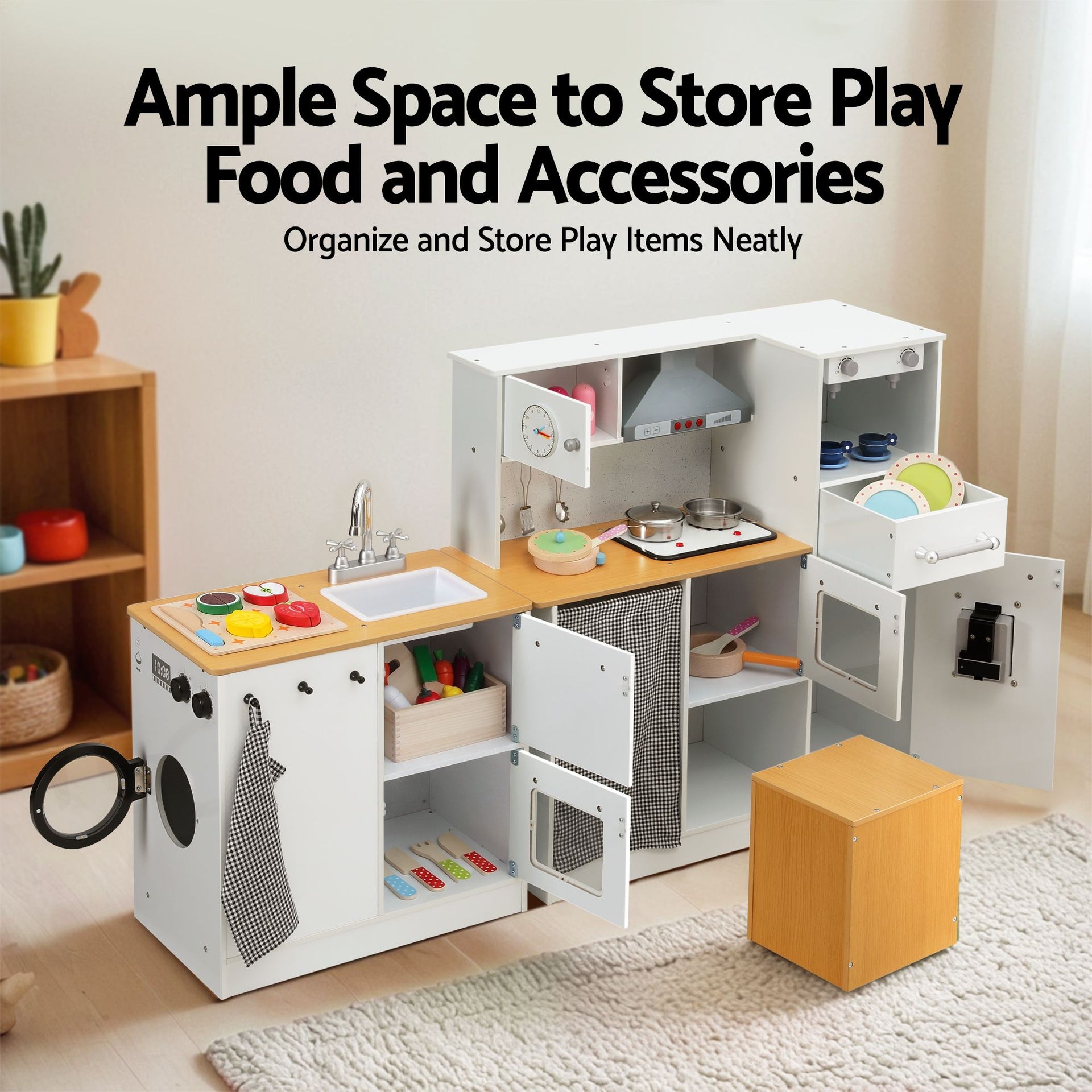 Keezi Kids Wooden Kitchen Playset 2-piece Pretend Toy Kitchen 29pc Food Set Awezingly