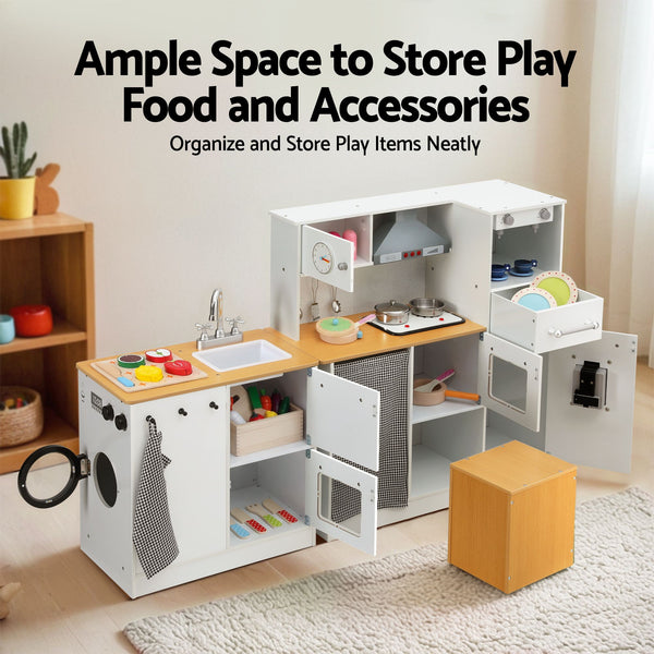 Keezi Kids Wooden Kitchen Playset 2-piece Pretend Toy Kitchen 29pc Food Set Awezingly