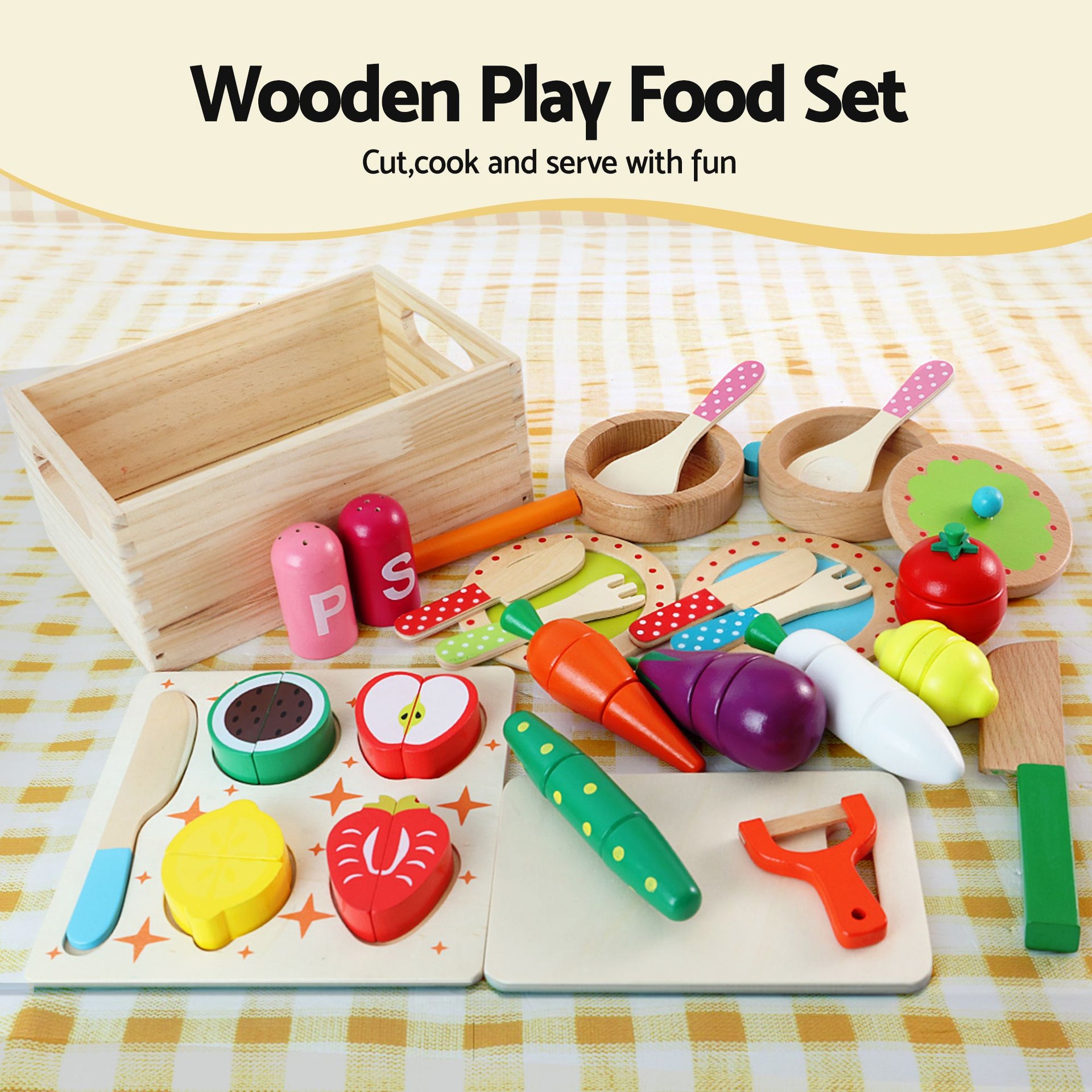 Keezi Kids Wooden Kitchen Playset 2-piece Pretend Toy Kitchen 29pc Food Set Awezingly