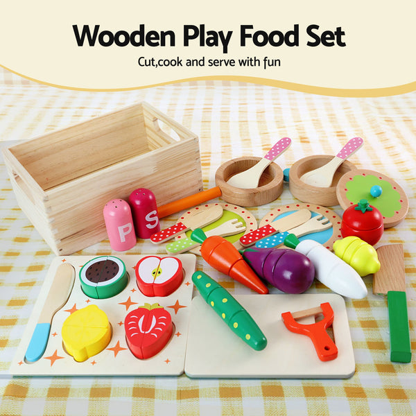 Keezi Kids Wooden Kitchen Playset 2-piece Pretend Toy Kitchen 29pc Food Set Awezingly