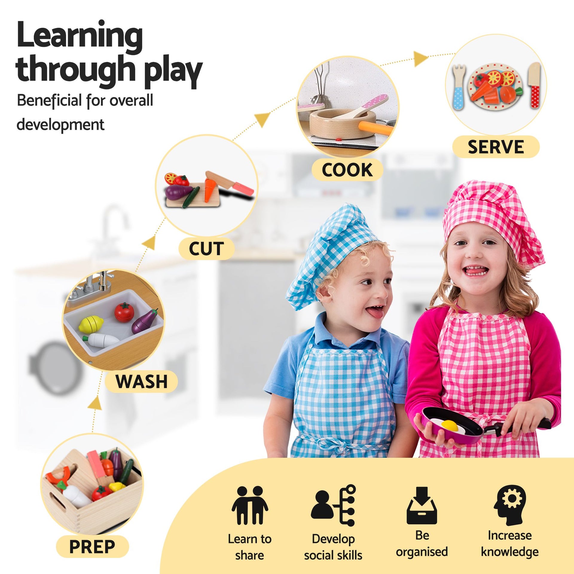 Keezi Kids Wooden Kitchen Playset 2-piece Pretend Toy Kitchen 29pc Food Set Awezingly