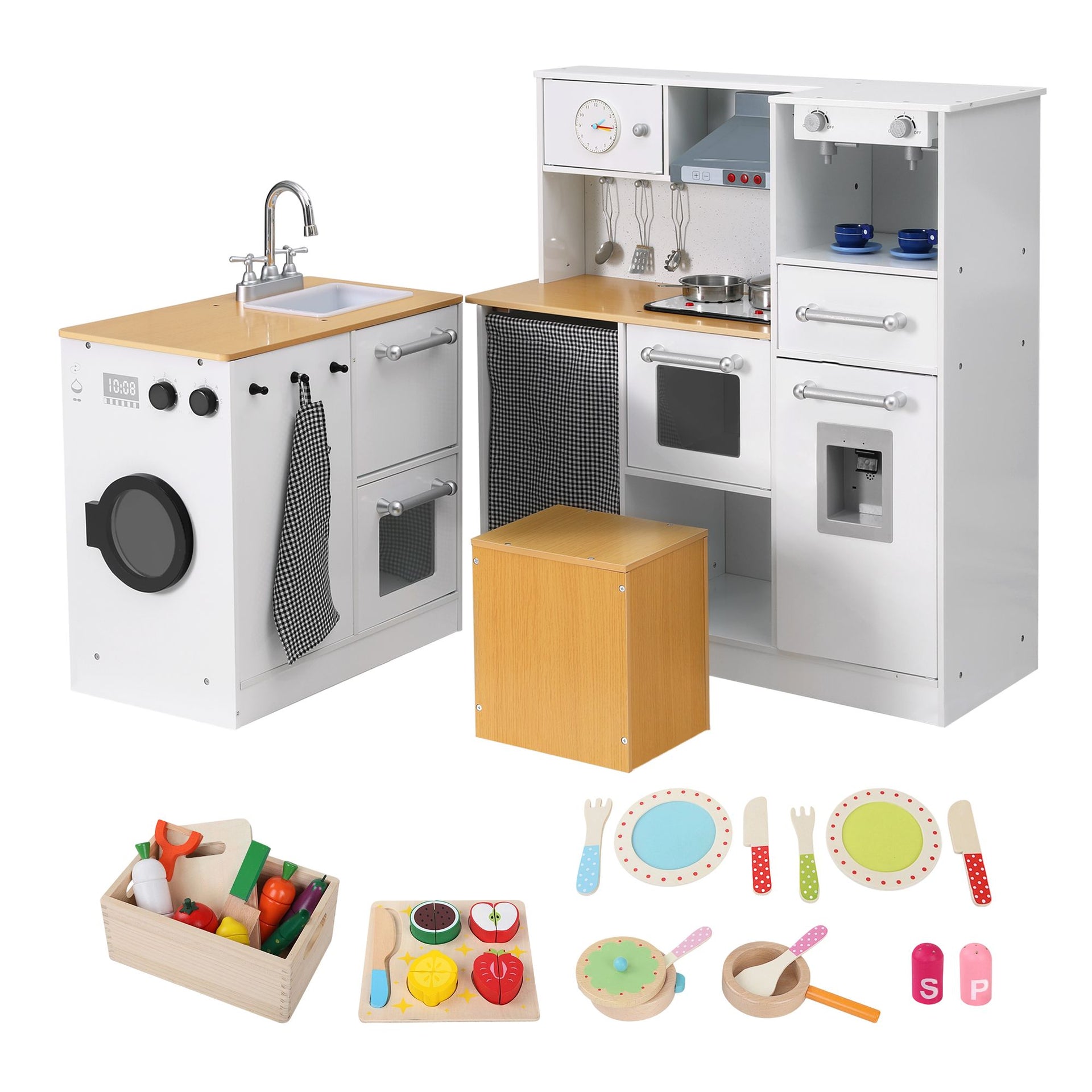 Keezi Kids Wooden Kitchen Playset 2-piece Pretend Toy Kitchen 29pc Food Set Awezingly