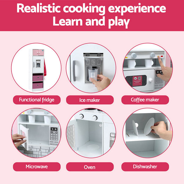 Keezi Kids Kitchen Playset 2-Piece Wooden Pretend Play Coffee Maker Toy 100CM Pink Awezingly