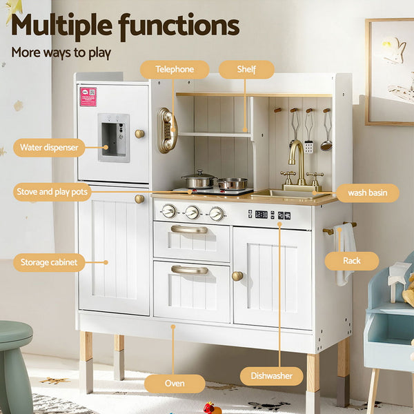 Keezi Kids Kitchen Play Set Wooden Pretend Toys Cooking Children Storage Golden Awezingly