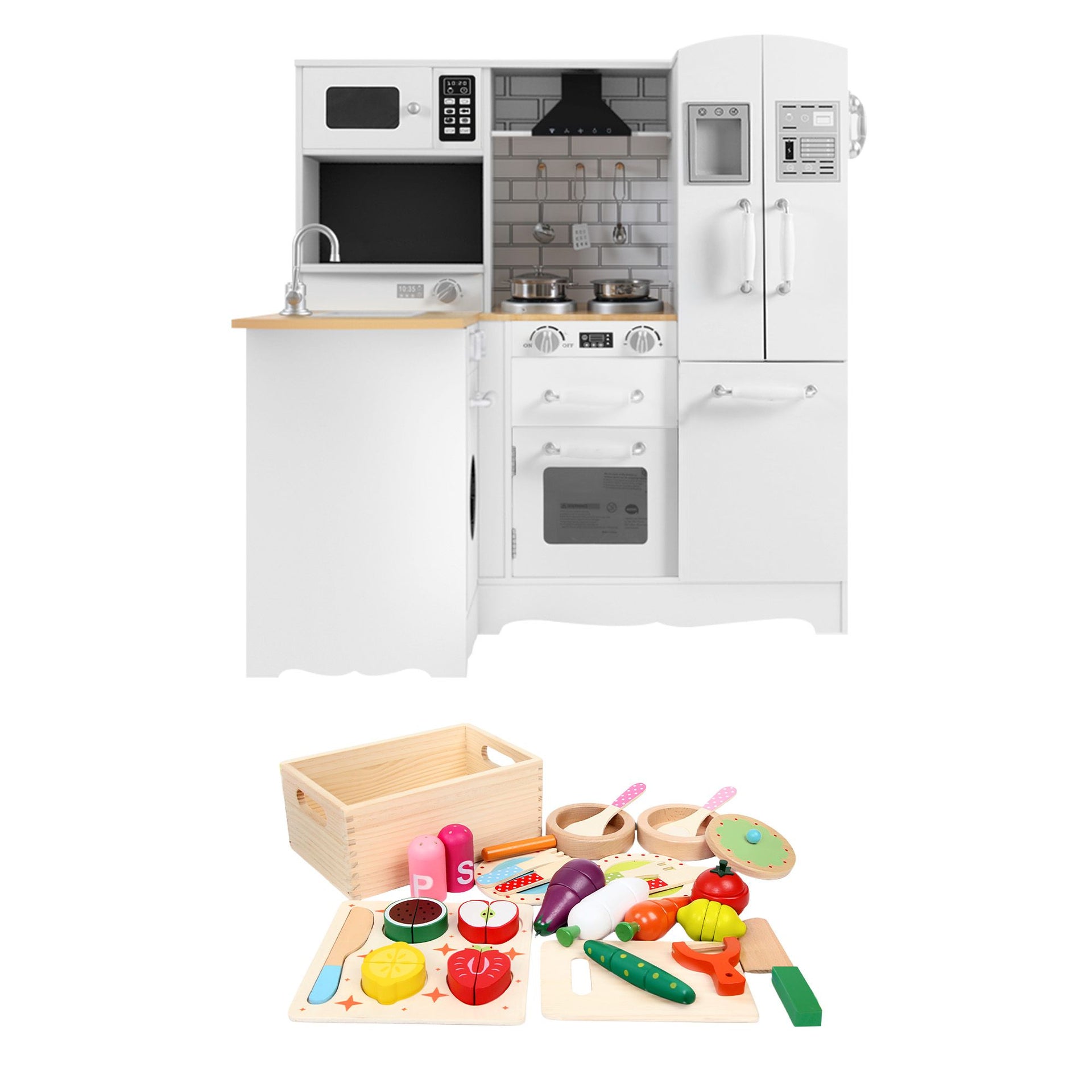 Keezi Kids Wooden Toy Kitchen with 29pc Play Food and Cookware Set Awezingly