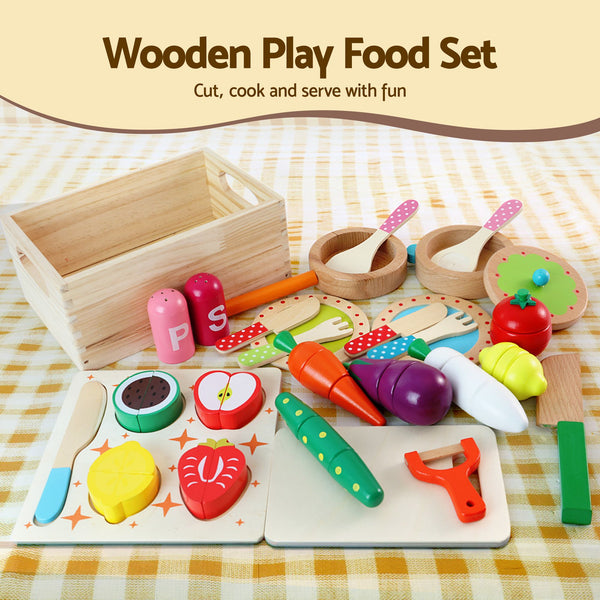 Keezi Kids Wooden Toy Kitchen with 29pc Play Food and Cookware Set Awezingly