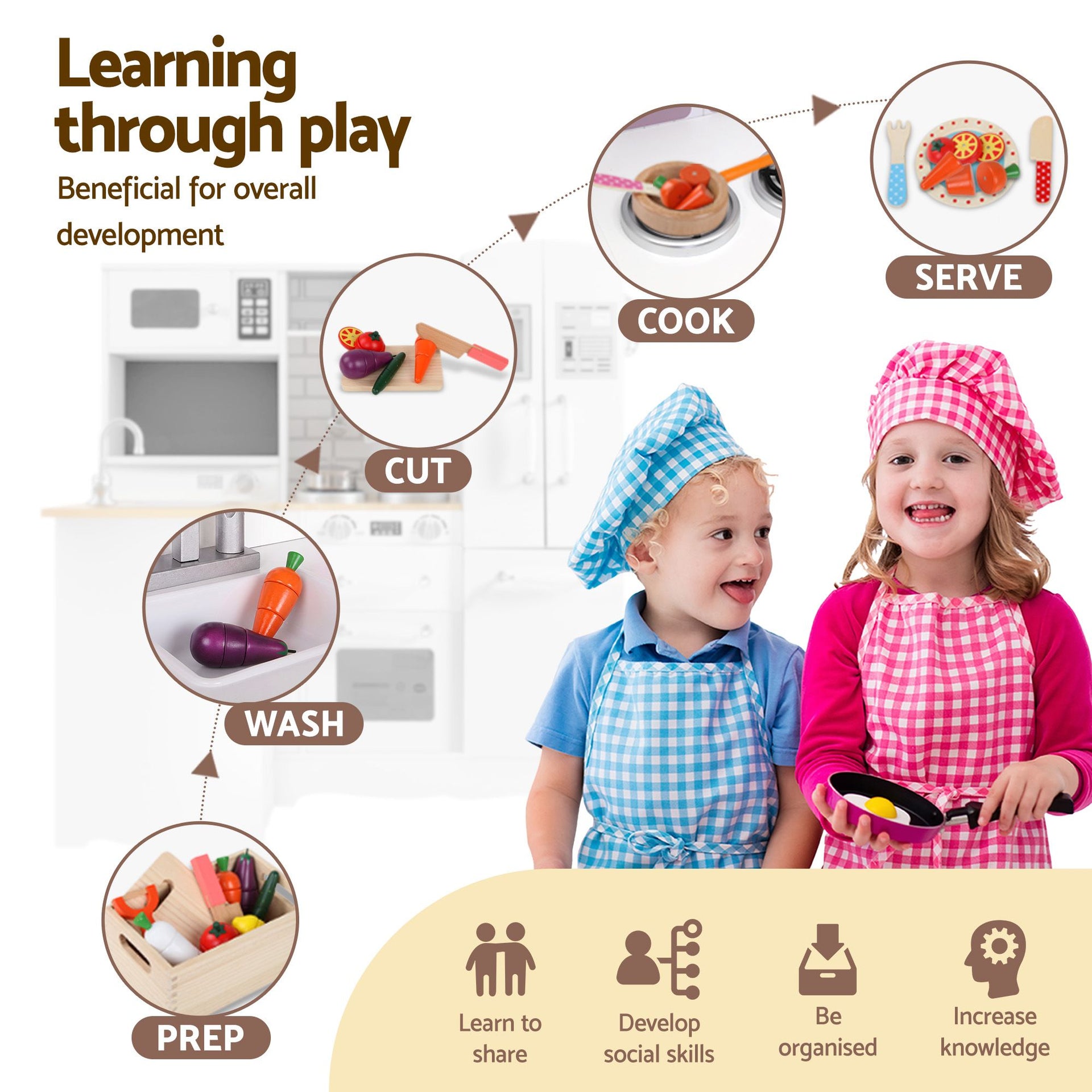 Keezi Kids Wooden Toy Kitchen with 29pc Play Food and Cookware Set Awezingly