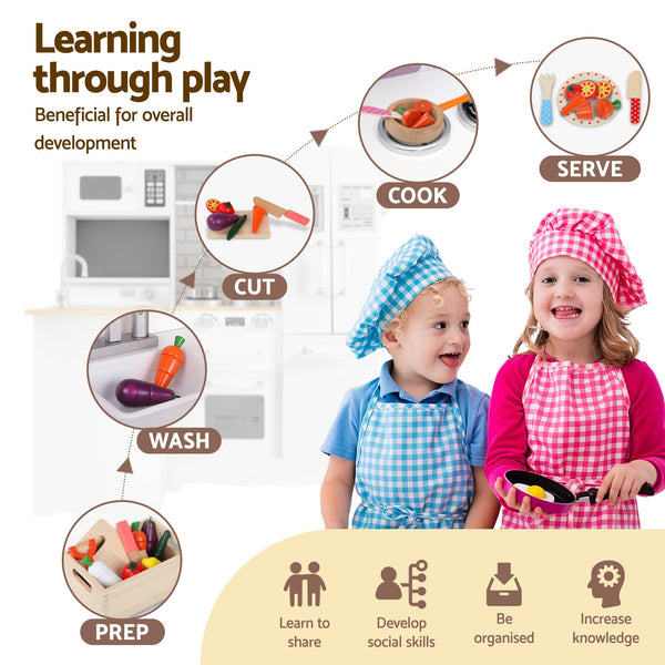 Keezi Kids Wooden Toy Kitchen with 29pc Play Food and Cookware Set Awezingly