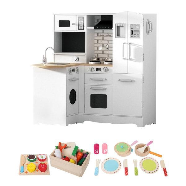 Keezi Kids Wooden Toy Kitchen with 29pc Play Food and Cookware Set Awezingly