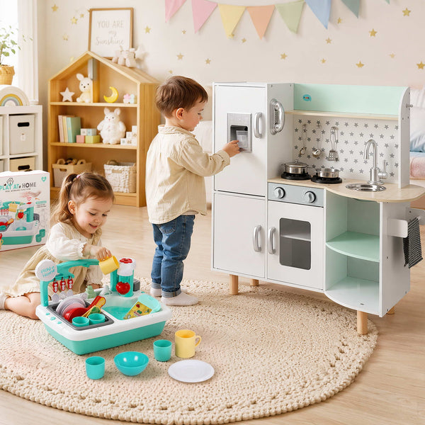 Keezi Kid Pretend Kitchen Wooden Play Sink Playset Dishwasher Toys Green Awezingly